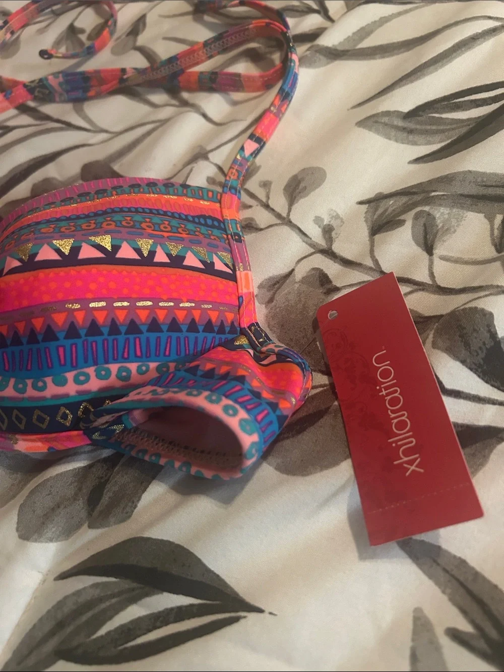 Xhilaration Multicolor Tribal Halter Bikini Top with Neon Orange Bottoms